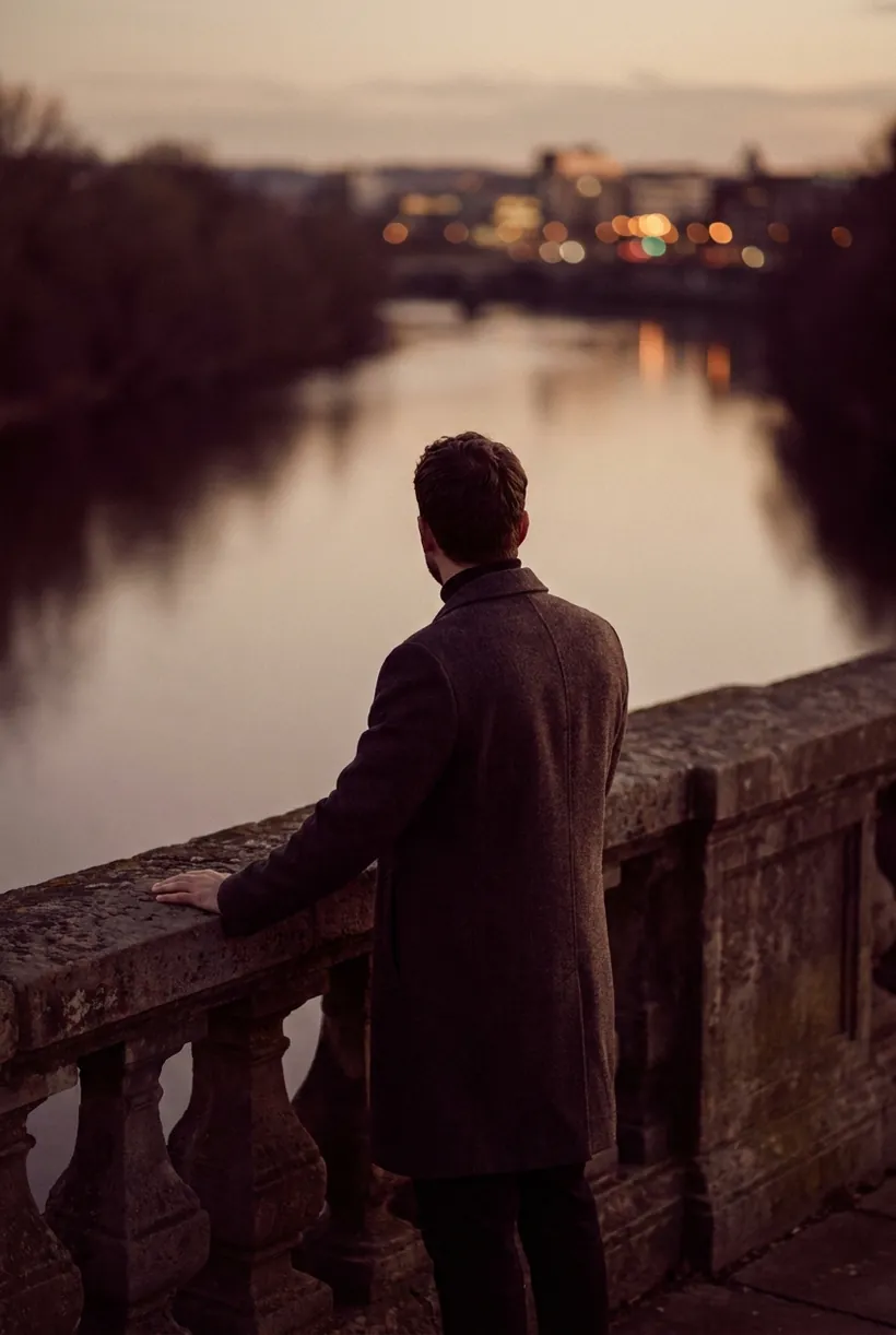 Hombre argentino de espaldas, apoyado en el pretil de un puente al atardecer, mirando el río