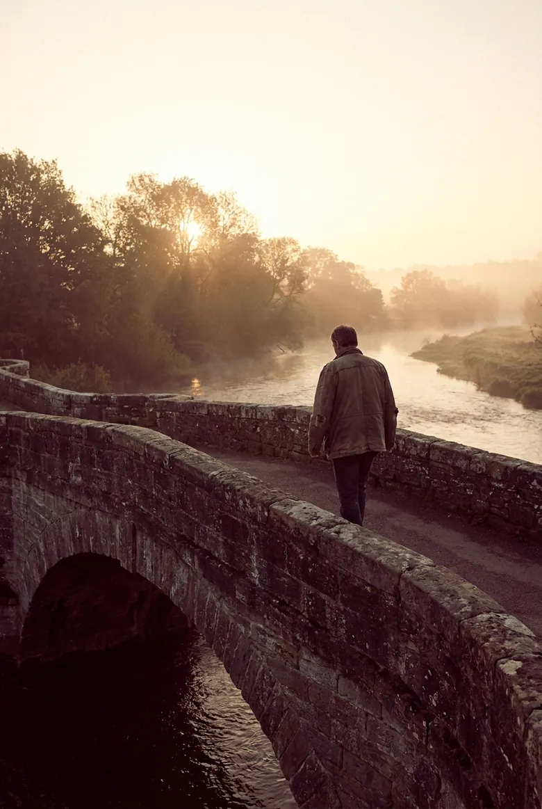 Hombre argentino caminando de espaldas por un puente de piedra al amanecer, con niebla sobre el río